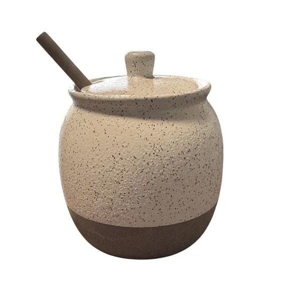 Smith and Hawken Stoneware Honey Pot with Dipper & Lid Speckled Cream Brown - Picture 1 of 8